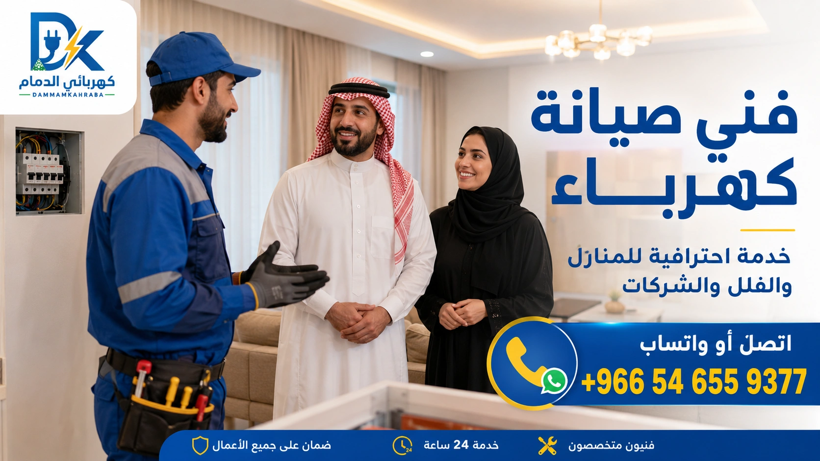شركة صيانة كهرباء في الدمام - فني كهرباء يراجع إضاءة مكتب أو محل